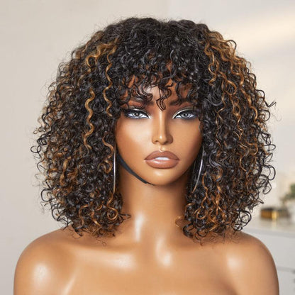 🔥Beginner Friendly Water Wave Minimalist Lace Glueless Short Curly Wig with Bangs