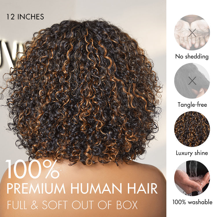 🔥Beginner Friendly Water Wave Minimalist Lace Glueless Short Curly Wig with Bangs