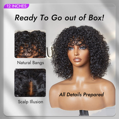 🔥Beginner Friendly Water Wave Minimalist Lace Glueless Short Curly Wig with Bangs