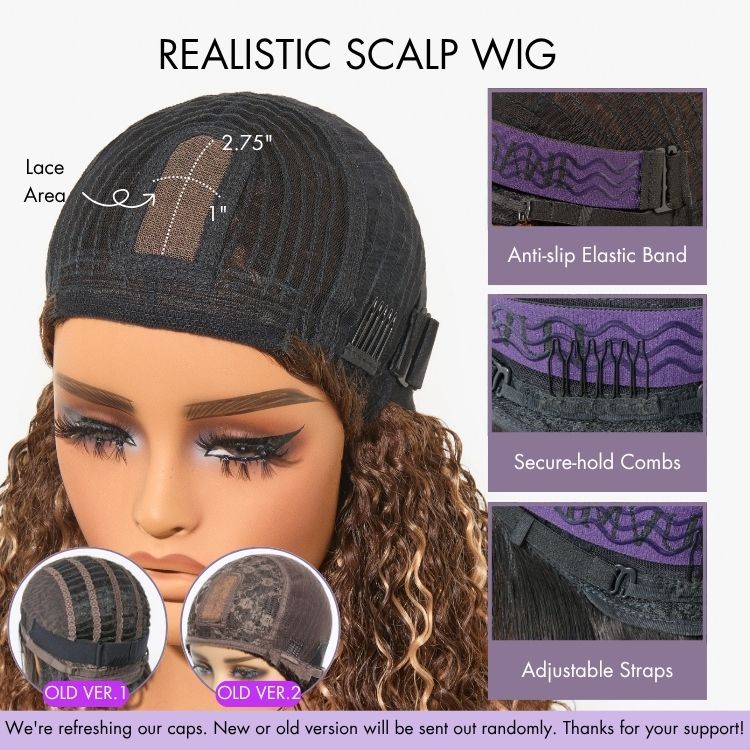 🔥Beginner Friendly Water Wave Minimalist Lace Glueless Short Curly Wig with Bangs