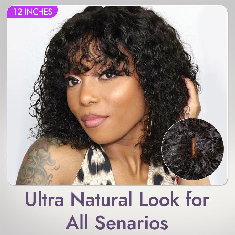 🔥Beginner Friendly Water Wave Minimalist Lace Glueless Short Curly Wig with Bangs