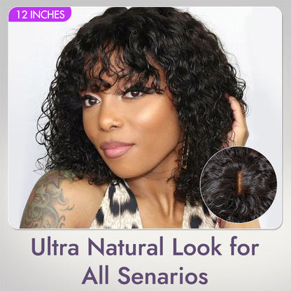 🔥Beginner Friendly Water Wave Minimalist Lace Glueless Short Curly Wig with Bangs