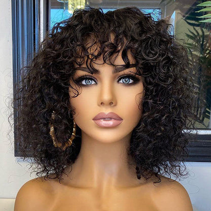 🔥Beginner Friendly Water Wave Minimalist Lace Glueless Short Curly Wig with Bangs