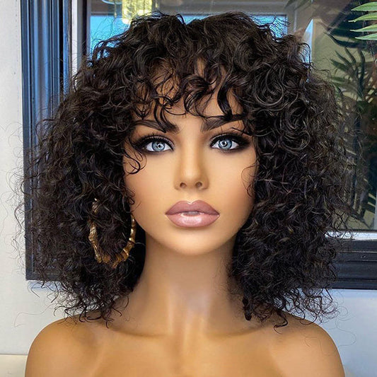 🔥Beginner Friendly Water Wave Minimalist Lace Glueless Short Curly Wig with Bangs