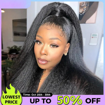 Sale Happening Now:70%OFF Pre-Cut Lace Kinky Straight 360 Full Lace Frontal Glueless Wig With Invisi Drawstring Pre Plucked Human Hair Wig