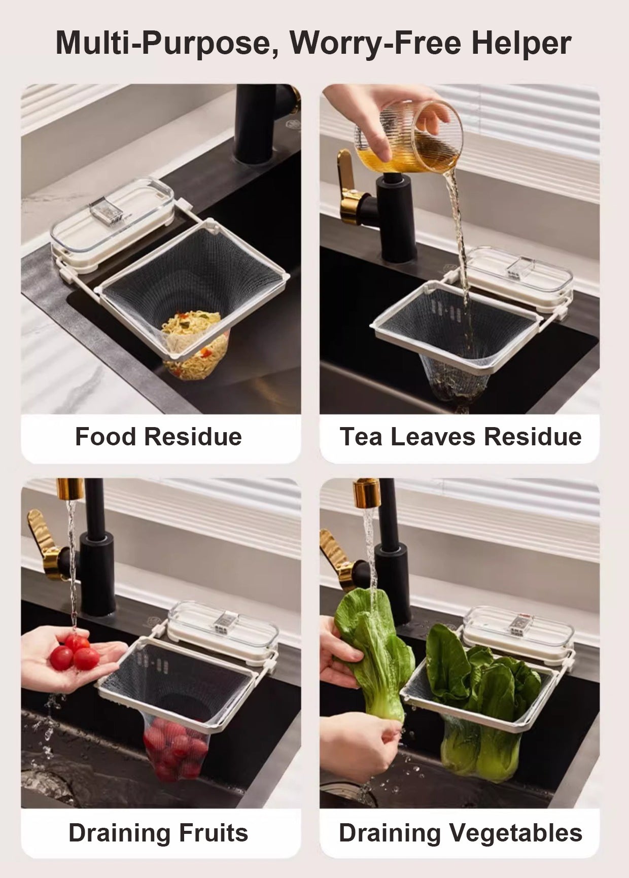 Suction Cup Sink Filter Rack – Easy Install, Foldable, Mess-Free Kitchen Helper! 50 Free Sink Strainer Nets Included ✨