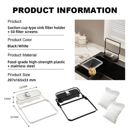 Suction Cup Sink Filter Rack – Easy Install, Foldable, Mess-Free Kitchen Helper! 50 Free Sink Strainer Nets Included ✨
