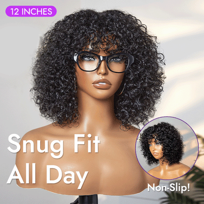 🔥Beginner Friendly Water Wave Minimalist Lace Glueless Short Curly Wig with Bangs