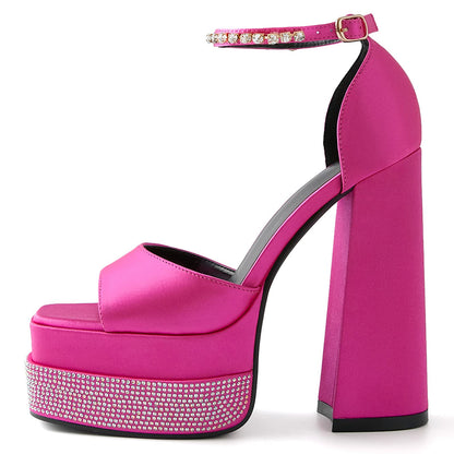 Women'S Platform High Heels Pumps Chunky Block Square Closed Toe Ankle Strap Buckle Satin/Patent Black Rhinestones Party Prom Dress Mary Jane Shoes