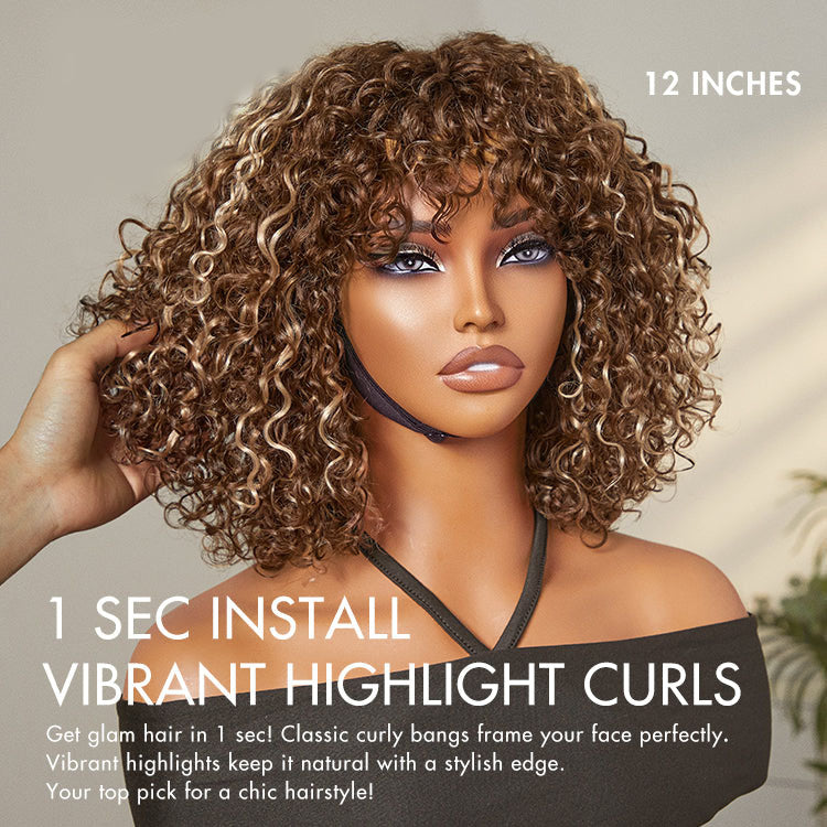 🔥Beginner Friendly Water Wave Minimalist Lace Glueless Short Curly Wig with Bangs