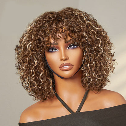 🔥Beginner Friendly Water Wave Minimalist Lace Glueless Short Curly Wig with Bangs
