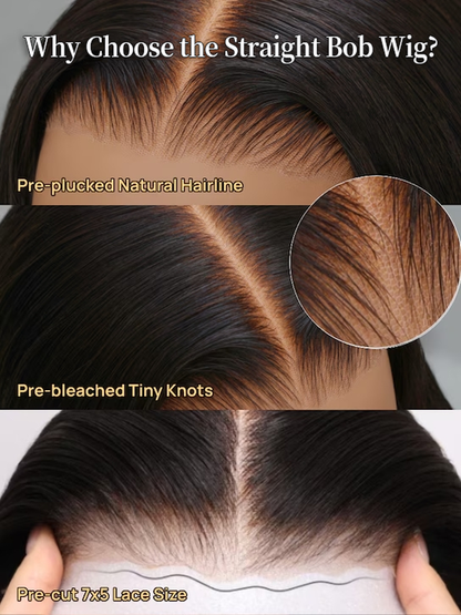 Straight Bob Wig 7x5 Pre-Bleached Natural Looking Glueless Wig